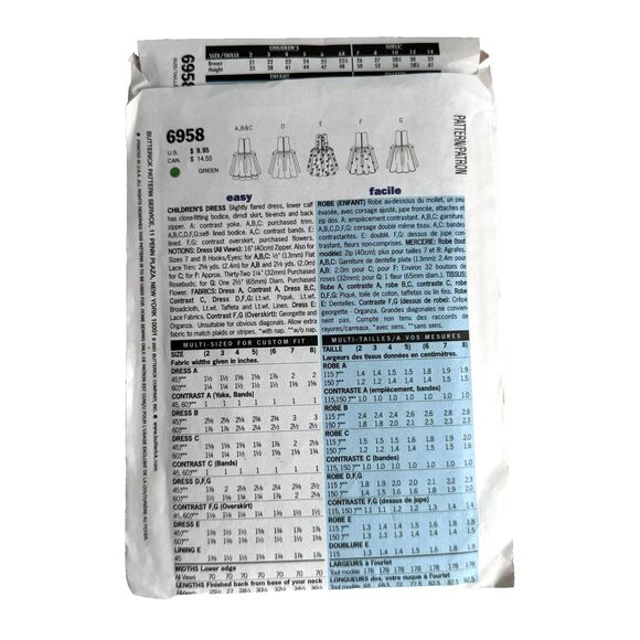 Butterick 6958 EASY Sewing Pattern Sew Easy Children's Dress Sizes 2-5 UNCUT - Picture 3 of 3